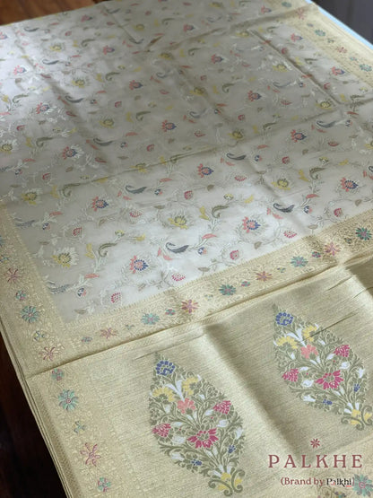 Off White Tussar Floral Jaal in Soft Silk