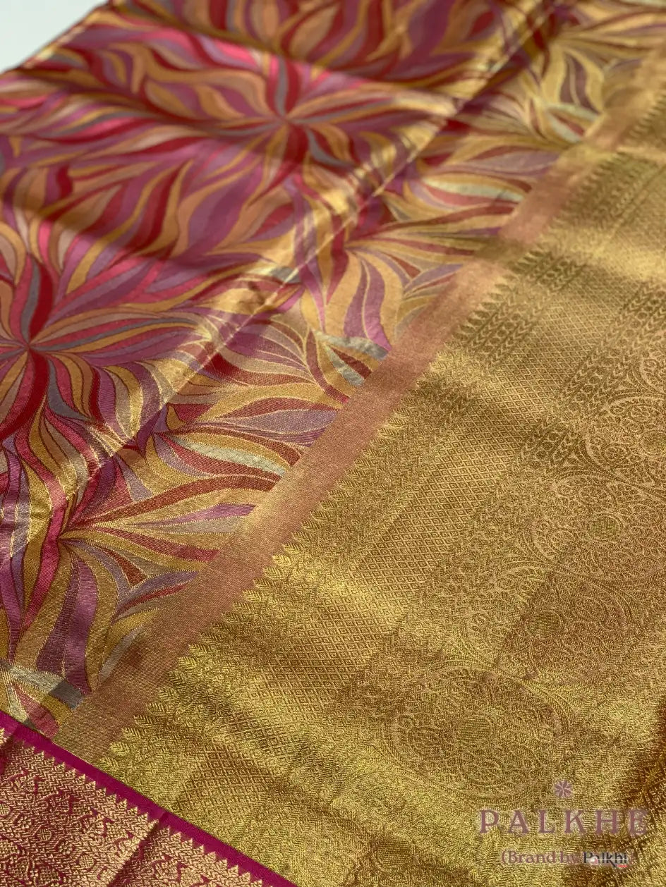 Pink & Gold Kanjivaram Floral in Pure Tissue Silk