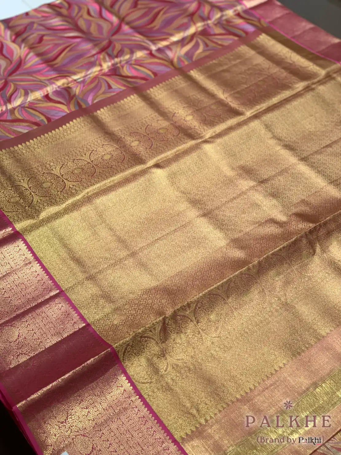 Pink & Gold Kanjivaram Floral in Pure Tissue Silk