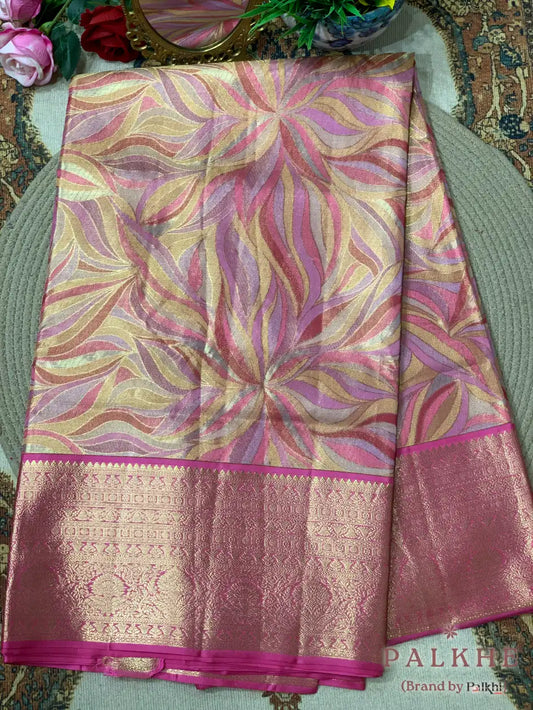 Pink & Gold Kanjivaram Floral in Pure Tissue Silk