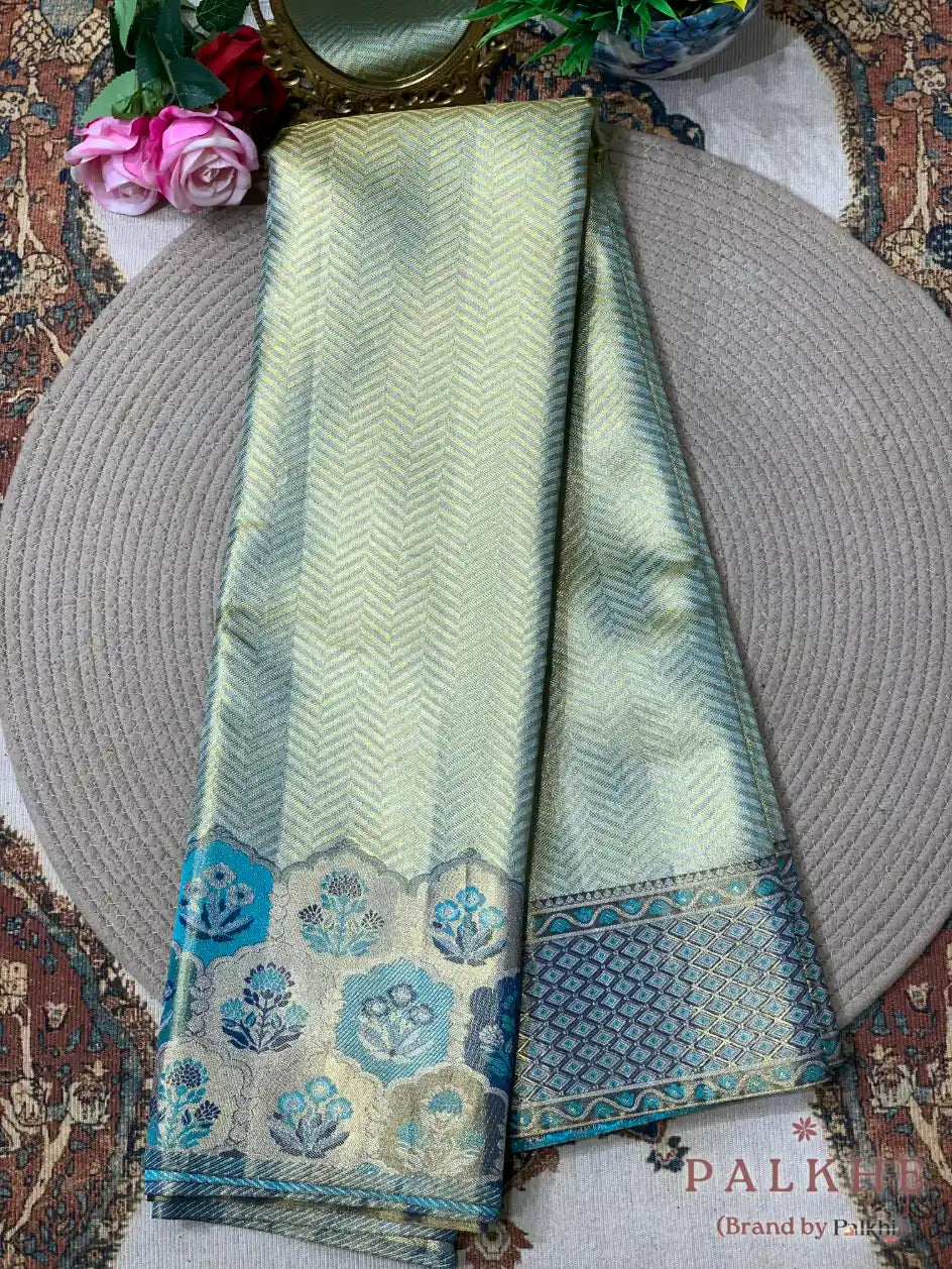 Aqua Blue Kanjivaram Brocade in Pure Tissue Silk