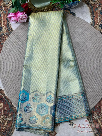 Aqua Blue Kanjivaram Brocade in Pure Tissue Silk