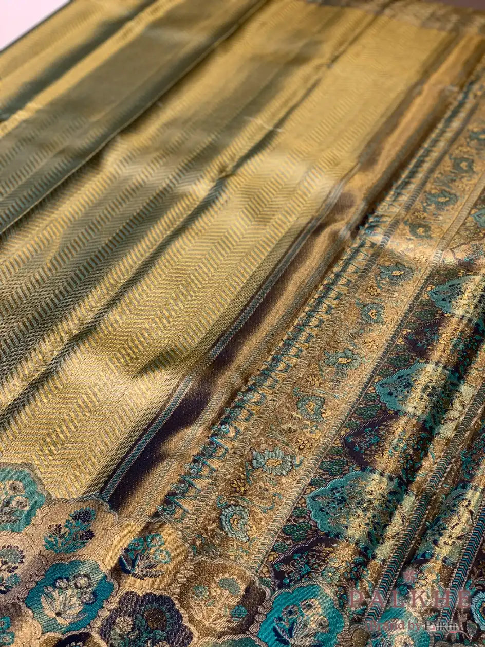 Aqua Blue Kanjivaram Brocade in Pure Tissue Silk