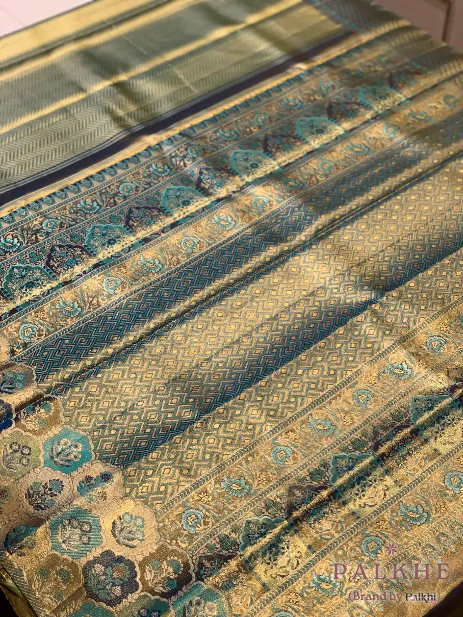 Aqua Blue Kanjivaram Brocade in Pure Tissue Silk