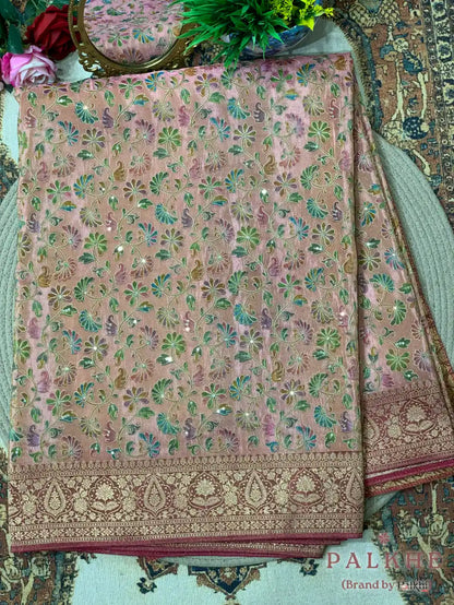Peach Floral Motifs Banarasi x Hand Embroidery