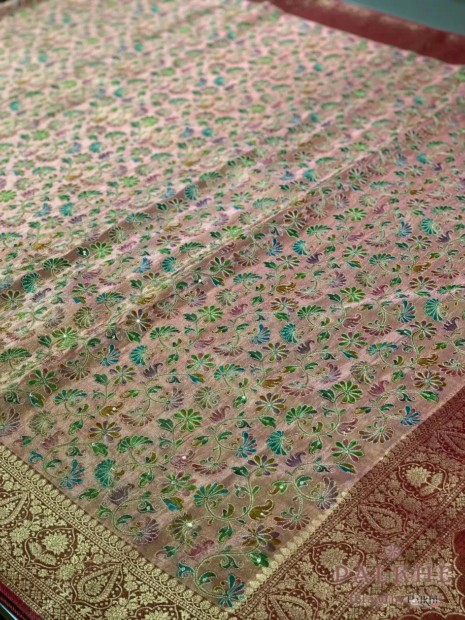 Peach Floral Motifs Banarasi x Hand Embroidery