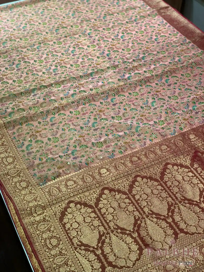 Peach Floral Motifs Banarasi x Hand Embroidery