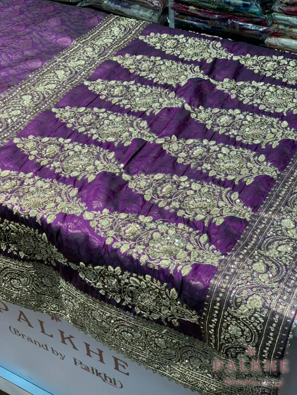 Purple Floral Jaal Banarasi x Hand Embroidery (CJ20)