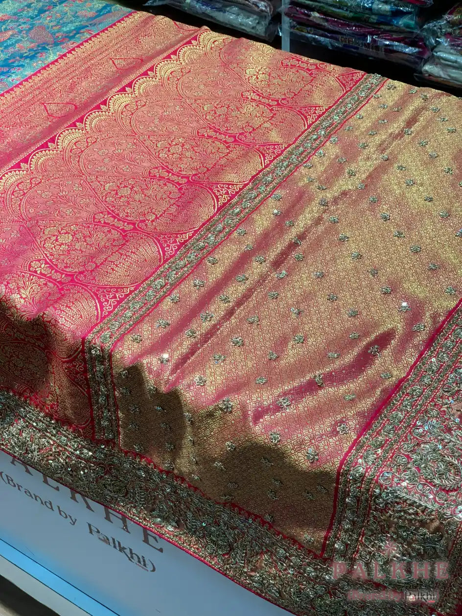 Aqua Blue & Pink Bird & Floral Kanjivaram x Hand Embroidery
