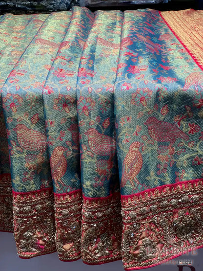 Aqua Blue & Pink Bird & Floral Kanjivaram x Hand Embroidery