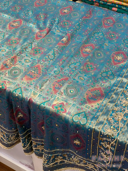 Teal Blue Geometric Kanjivaram x Hand Embroidery (CK56)