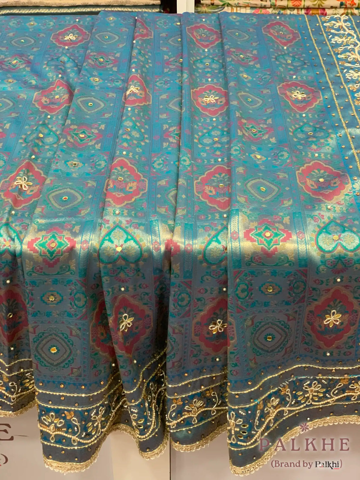 Teal Blue Geometric Kanjivaram x Hand Embroidery (CK56)