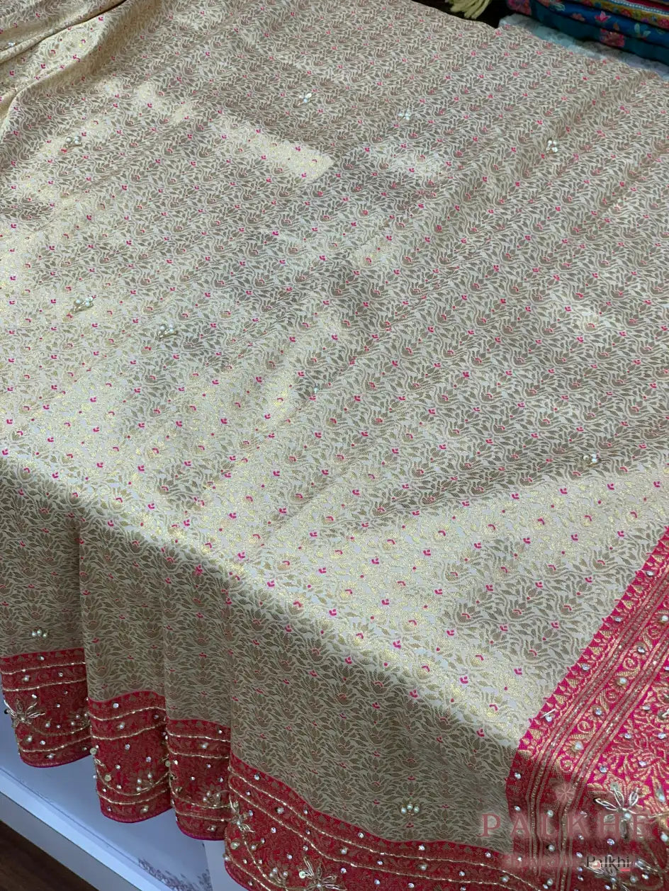 Beige Floral Pattern Kanjivaram x Hand Embroidery (CO68)
