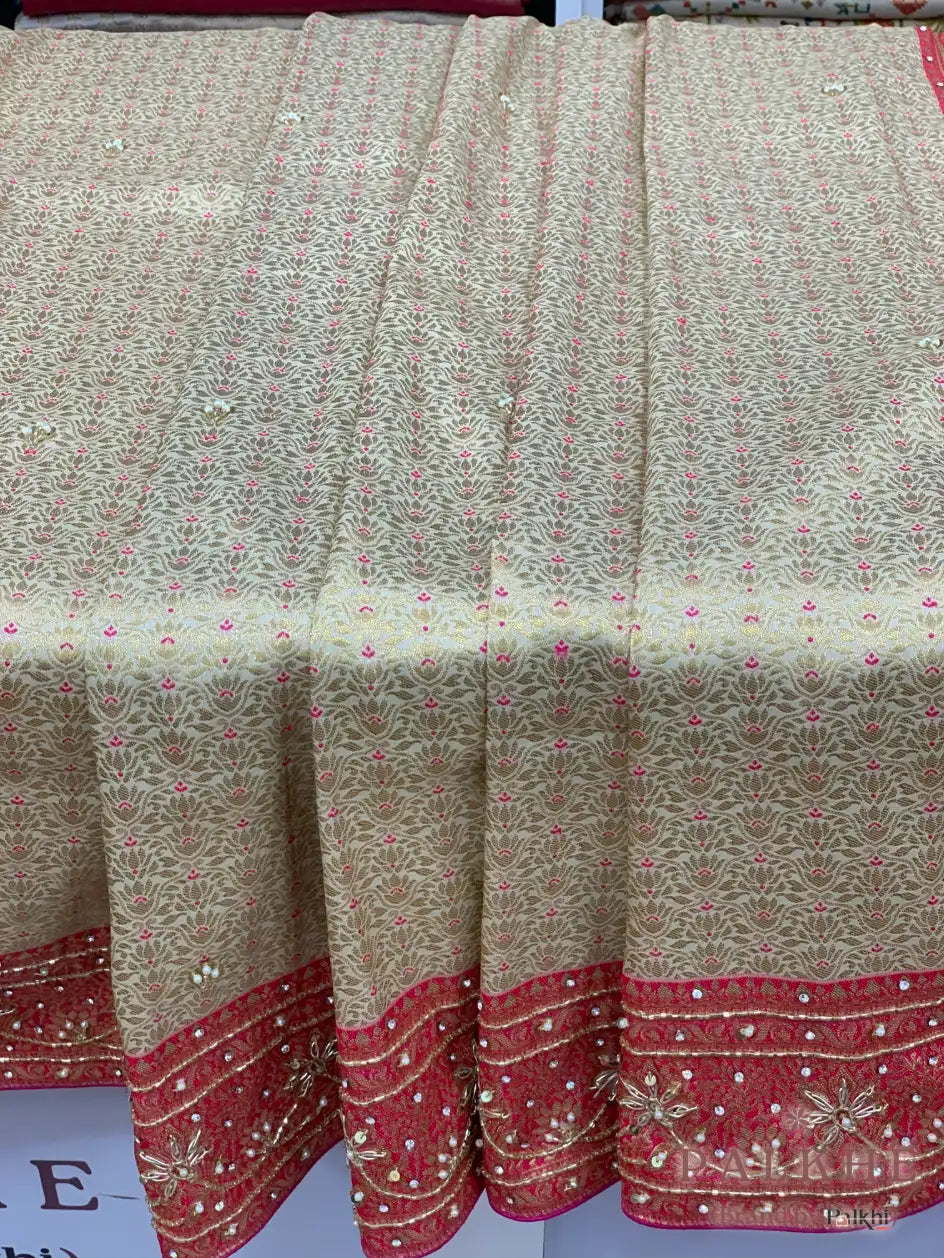 Beige Floral Pattern Kanjivaram x Hand Embroidery (CO68)