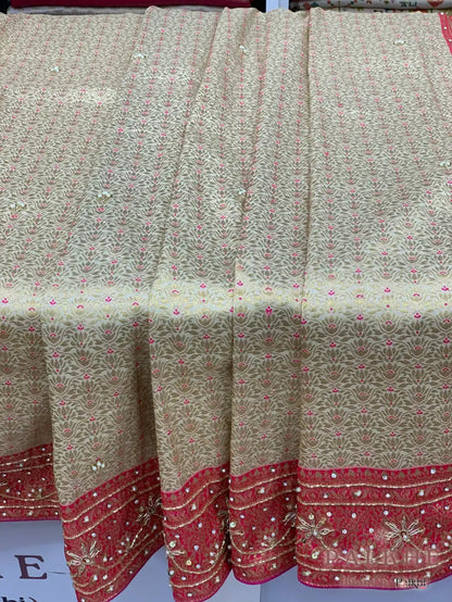 Beige Floral Pattern Kanjivaram x Hand Embroidery (CO68)