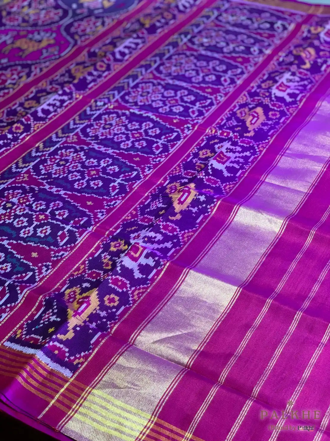Purple and Pink Patola Traditional Motifs in Pure Mulberry Silk
