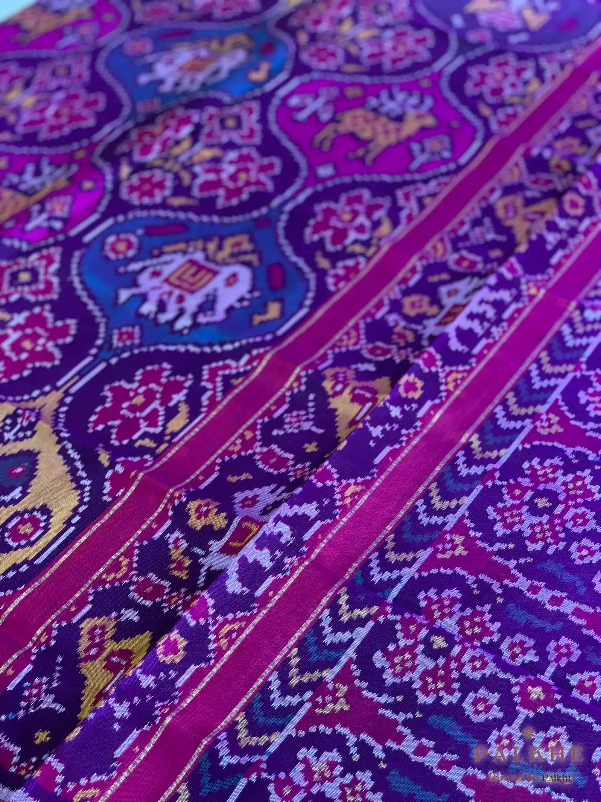 Purple and Pink Patola Traditional Motifs in Pure Mulberry Silk