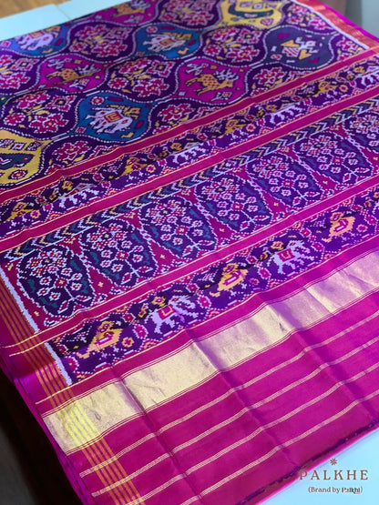 Purple and Pink Patola Traditional Motifs in Pure Mulberry Silk