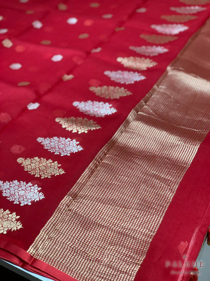 Red Banarasi Buttis in Pure Kora Organza (BT64)