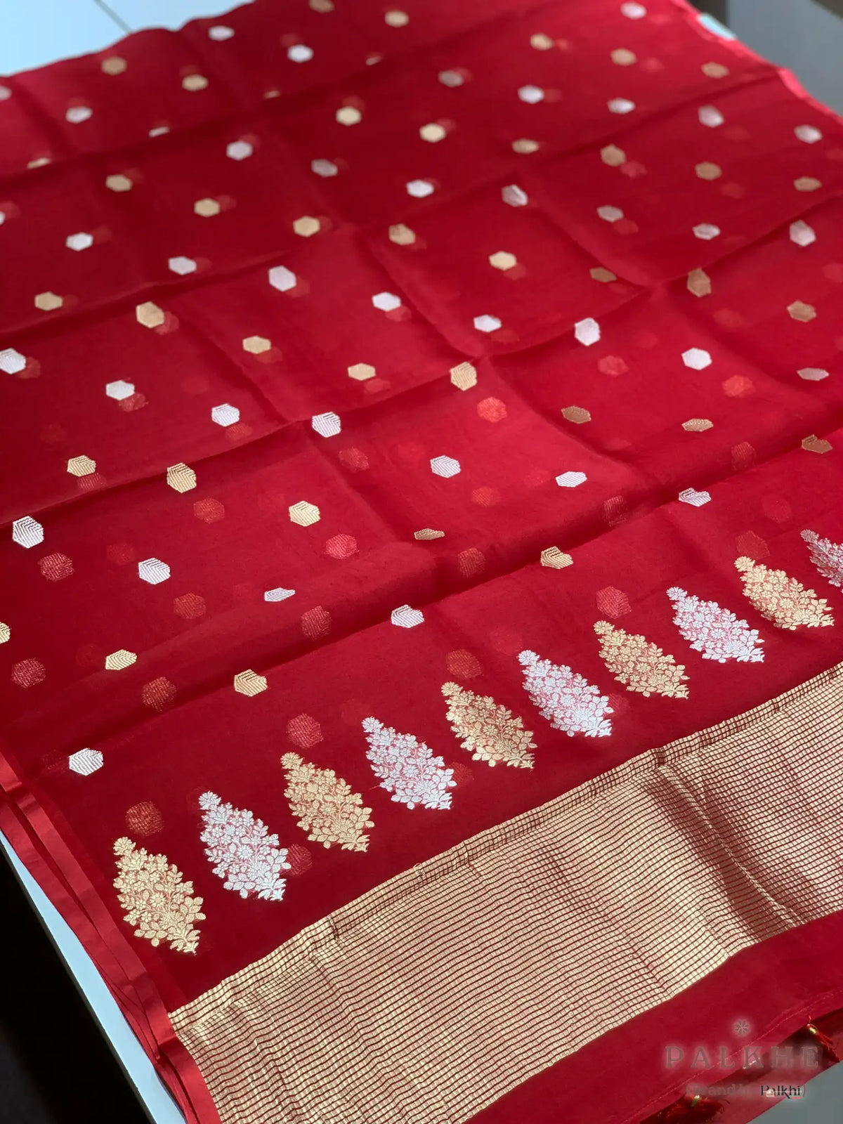 Red Banarasi Buttis in Pure Kora Organza (BT64)