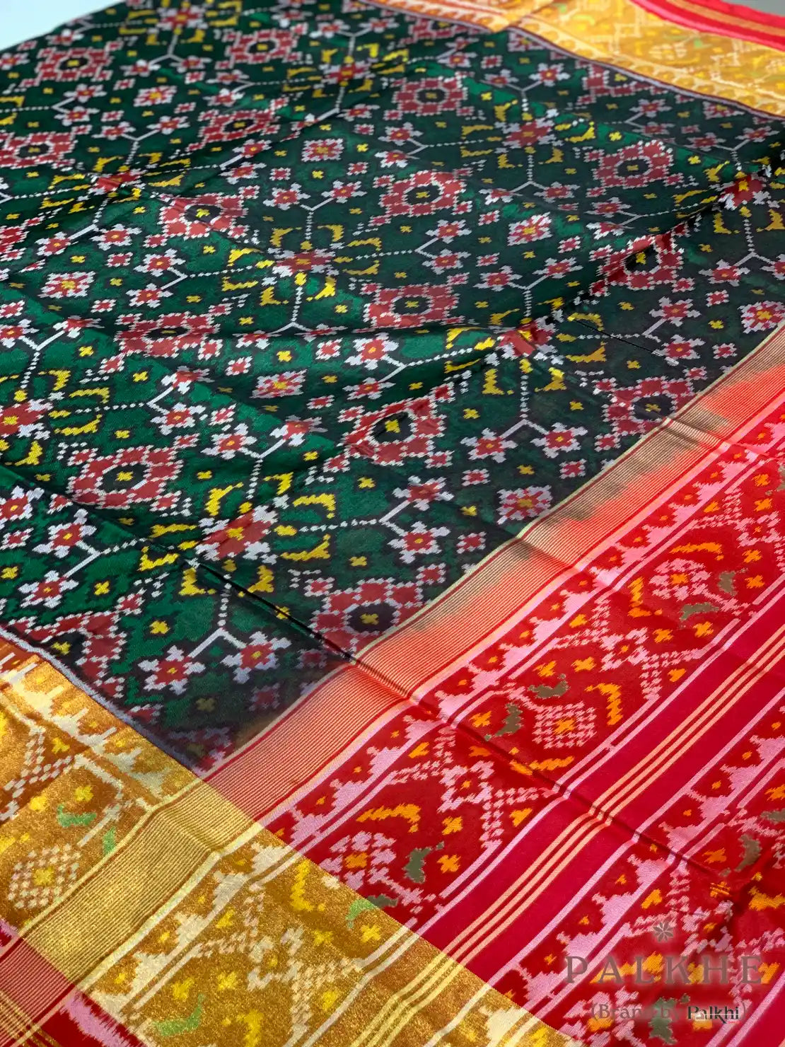 Bottle Green Patola Geometric in Pure Patola Silk (BE79)