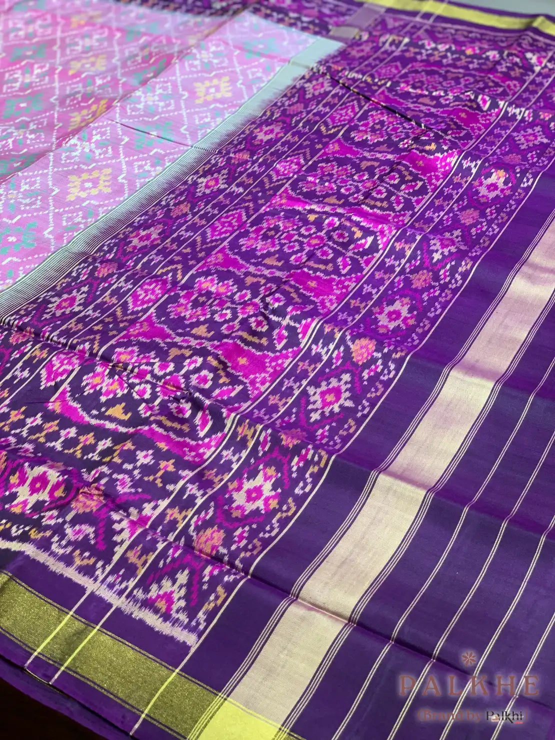 Baby Pink & Dark Purple Rajkot Patola Hand Woven in Pure Silk (CS48)