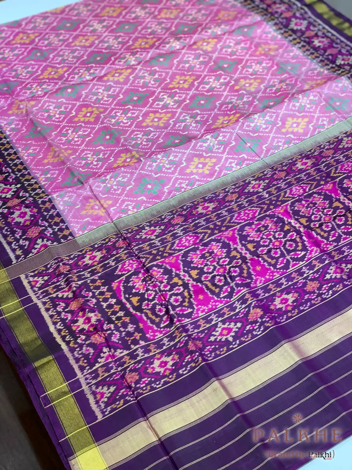 Baby Pink & Dark Purple Rajkot Patola Hand Woven in Pure Silk (CS48)