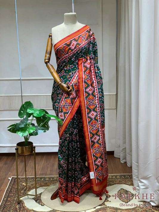 Bottle Green Patola Navratana in Semi Silk (AO74)
