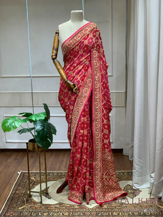 Red & Pink Bandhej x Hand Embroidery (CQ45)