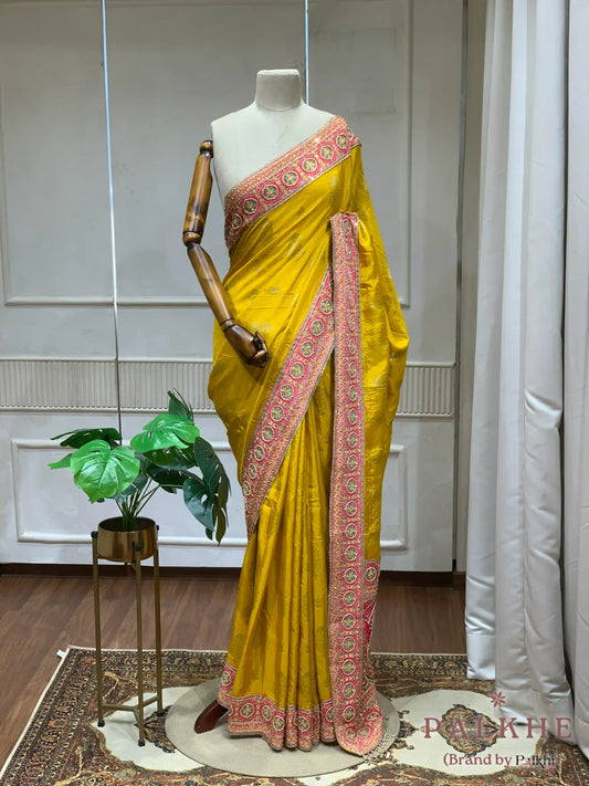 Yellow and Pink Buttas Banarasi x Hand Embroidery (CS32)