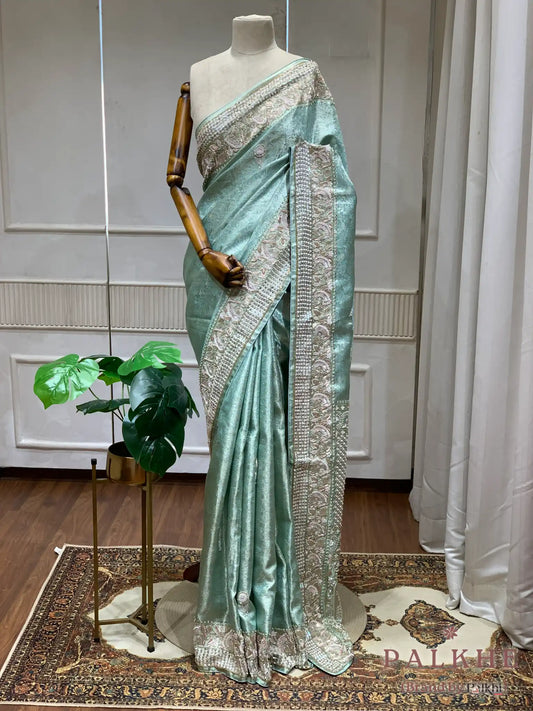 Aqua Green Bird & Floral Motif Kanjivaram x Hand Embroidery (BW31)