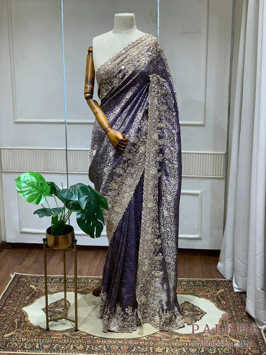 Navy Floral Jaal Banarasi x Hand Embroidery (CS66)