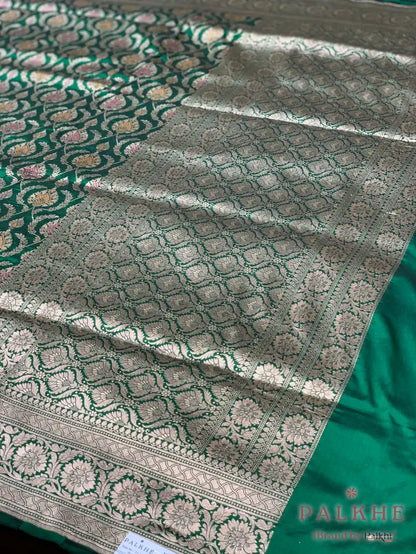 Bottle Green Banarasi Jaal in Pure Banarasi Silk