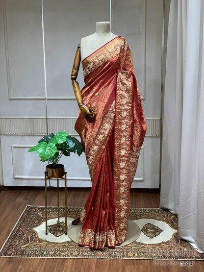 Reddish Maroon Traditional Motifs Kanjivaram x Hand Embroidery (CU28)