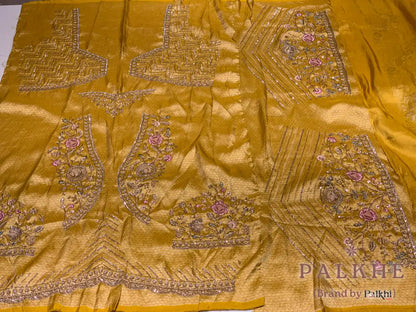 Yellow Floral Brocade Jaal Kanjivaram x Hand Embroidery (cu00)