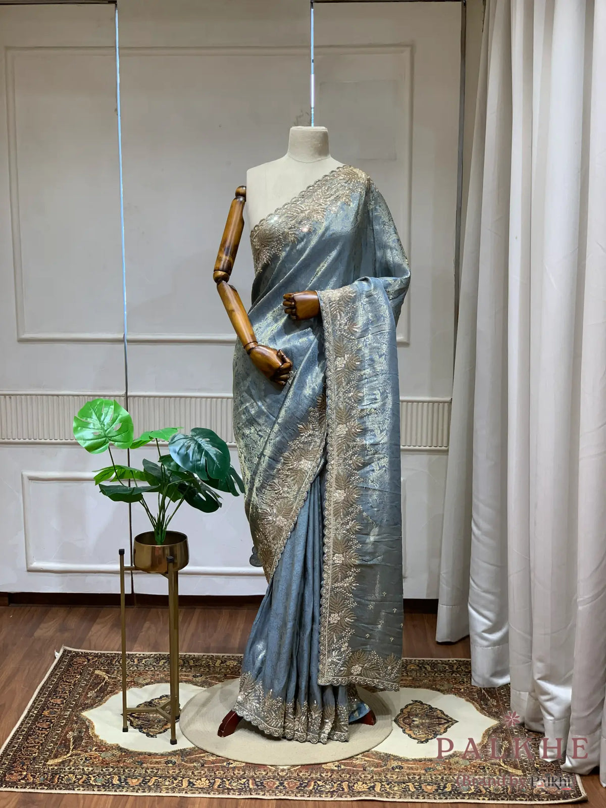Ice Blue Floral Kanjivaram x Hand Embroidery (CU74)