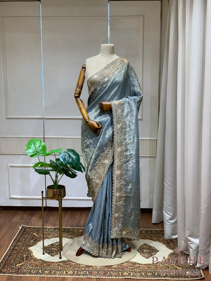 Ice Blue Floral Kanjivaram x Hand Embroidery (CU74)