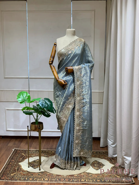 Ice Blue Floral Kanjivaram x Hand Embroidery (CU74)