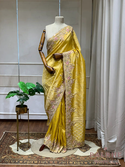 Yellow Floral Brocade Jaal Kanjivaram x Hand Embroidery (cu00)
