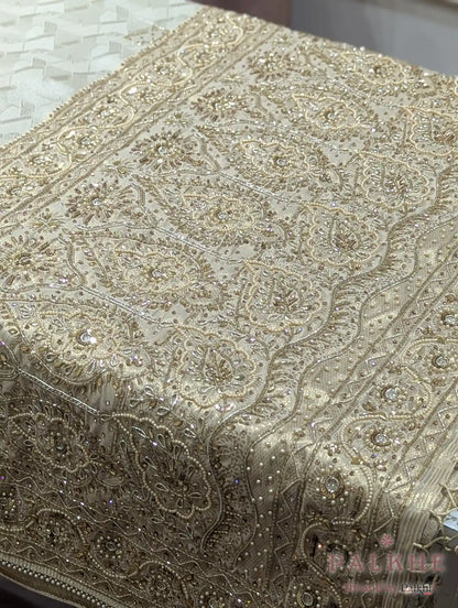 Cream Geometric Woven Pure Soft Silk Tissue x Hand Embroidery