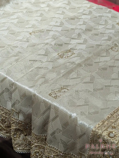 Cream Geometric Woven Pure Soft Silk Tissue x Hand Embroidery