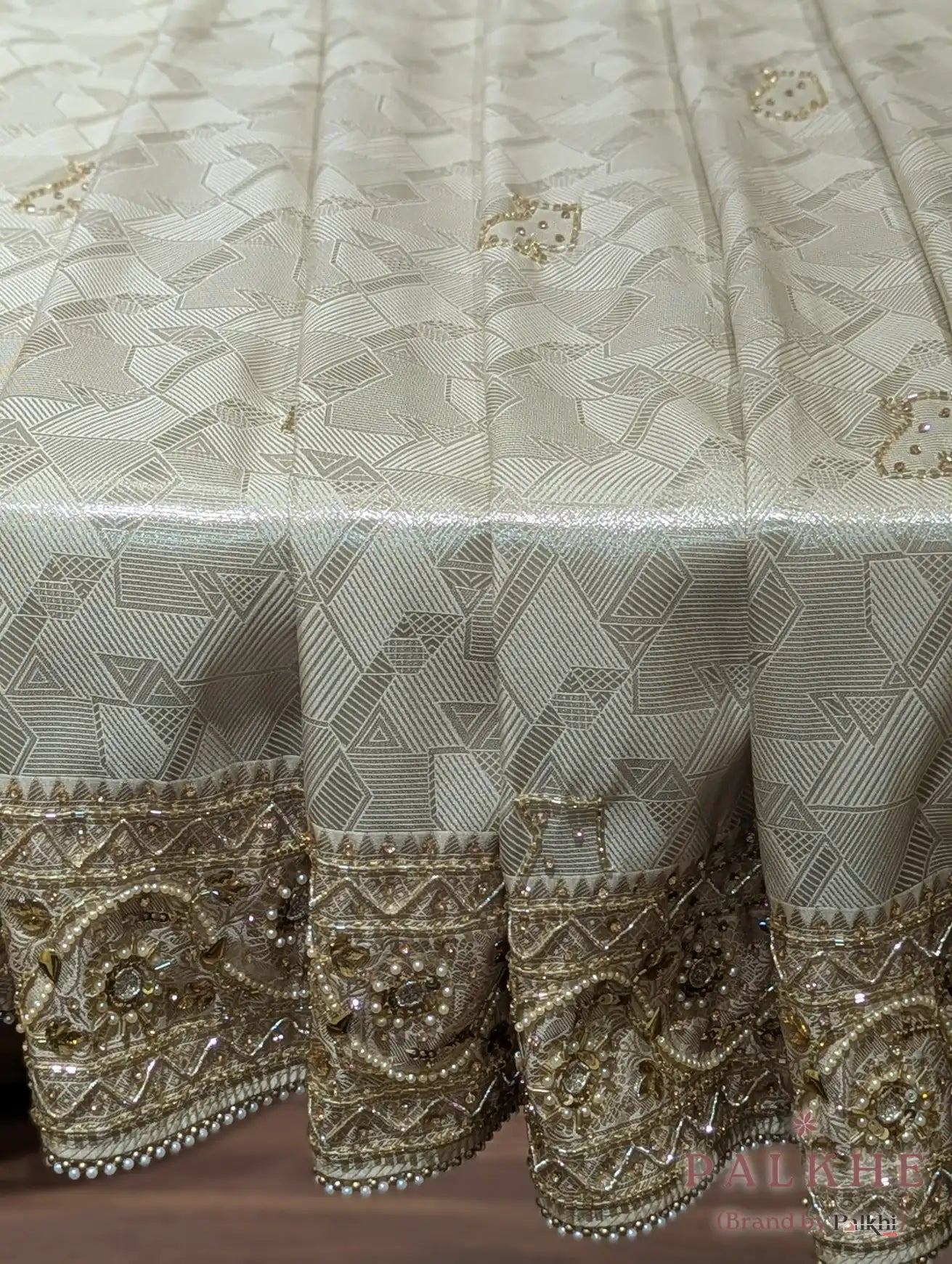 Cream Geometric Woven Pure Soft Silk Tissue x Hand Embroidery