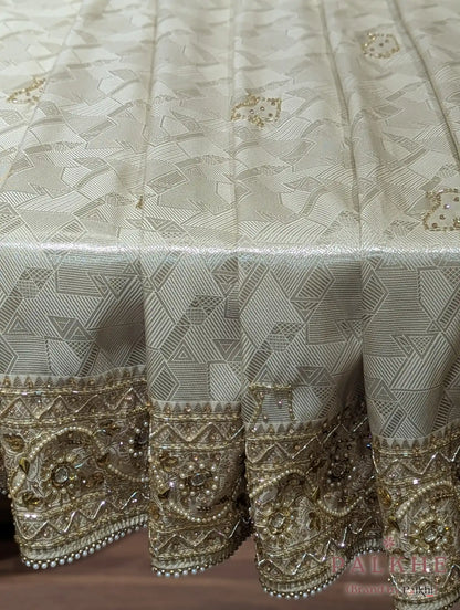 Cream Geometric Woven Pure Soft Silk Tissue x Hand Embroidery