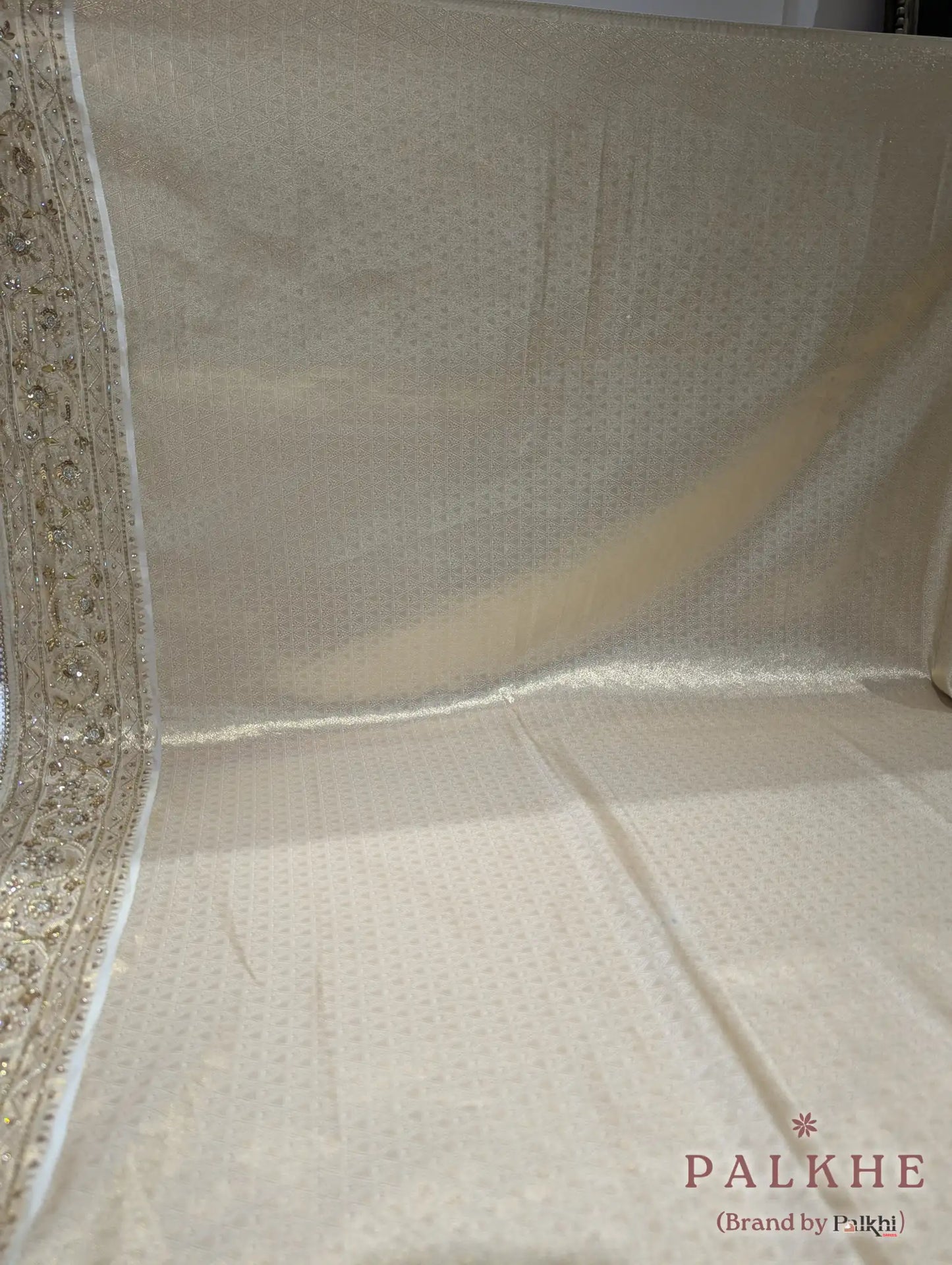 Cream Geometric Woven Pure Soft Silk Tissue x Hand Embroidery