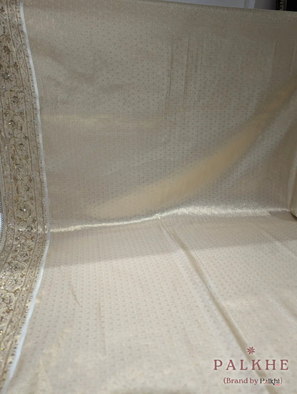 Cream Geometric Woven Pure Soft Silk Tissue x Hand Embroidery