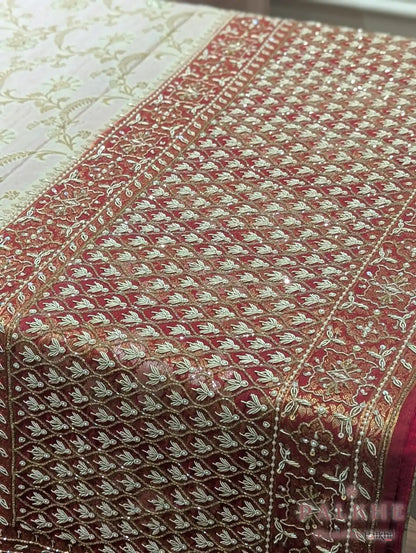 Cream Floral Jaal Semi Banarasi Katan Silk Banarasi x Hand Embroidery