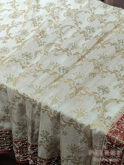 Cream Floral Jaal Semi Banarasi Katan Silk Banarasi x Hand Embroidery