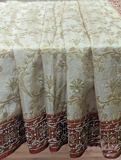 Cream Floral Jaal Semi Banarasi Katan Silk Banarasi x Hand Embroidery