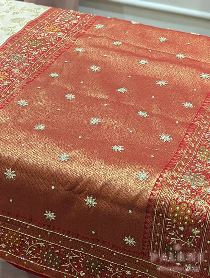 Cream Floral Jaal Semi Silk Banarasi x Hand Embroidery