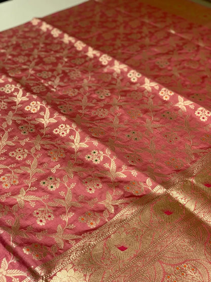 Peach Banarasi Floral Jaal in Pure Katan Silk